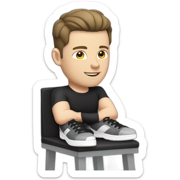 Pale skinned Fit Man With the biceps and dark brown hair in black shirt, gray sports shorts and white Sneakers Sitting on a chair sticker