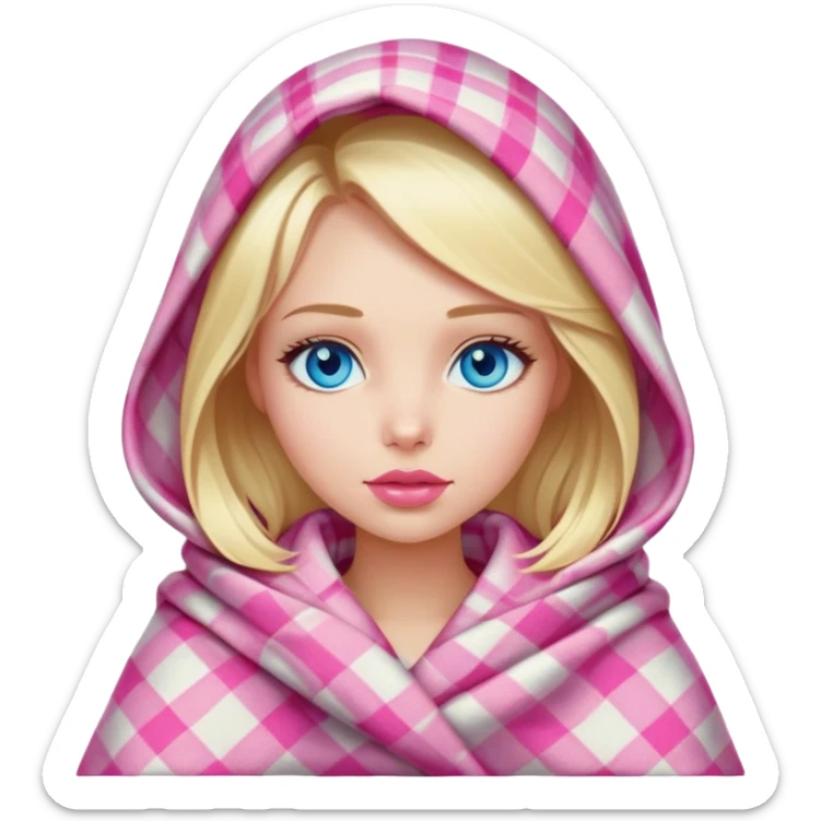 A beautiful blonde girl , blue eyes, pink lips is wrapped in a plaid with her head sticker
