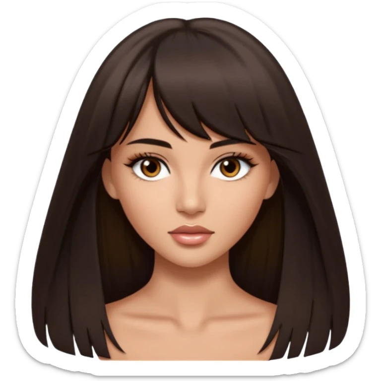 victoria's secret model, very long straight dark brown hair parted in the middle with bangs, almond-shaped brown eyes, brown eyebrows, oval face sticker