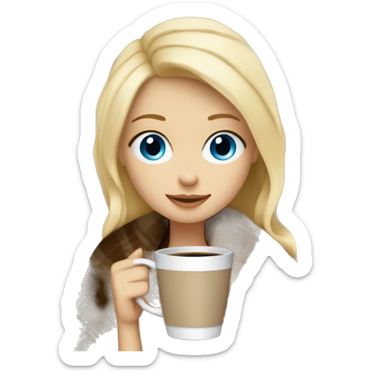 Blonde hair blue eyes girl wrapped in cozy blanket with coffee sticker