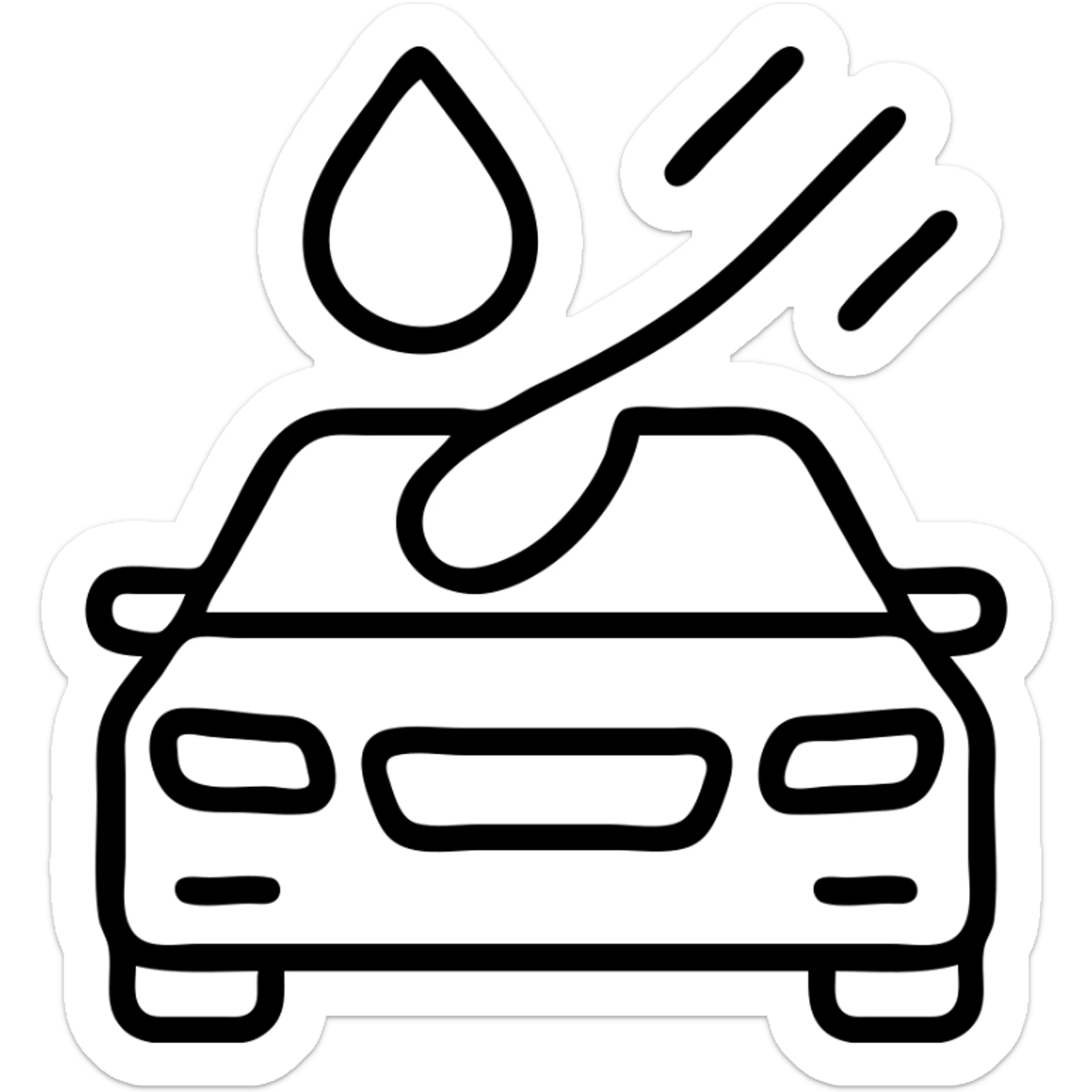 outlined icon of a full premium vehicle with glossy black paint, water droplet sliding on the hood or roof, clean lines, subtle repellent effect with water lines moving away, modern and simple sticker