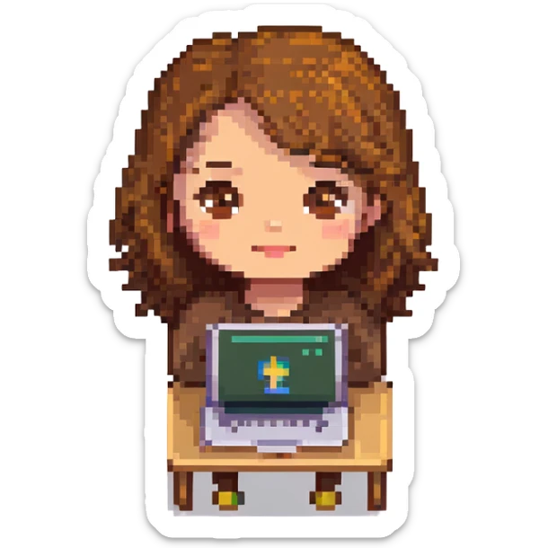 pixel art emoji of a girl with a laptop, brown hair, brown eyes, light skin sticker