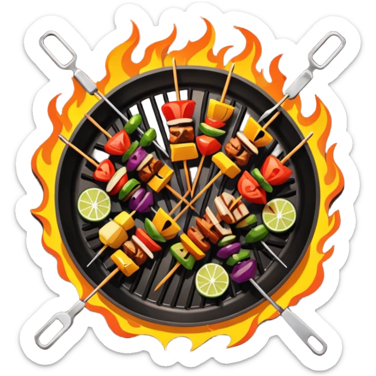 Grilled dishes avatar in bright emoji-style illustration. Skewers, BBQ, and grilled vegetables, warm fire tones, simple shapes, flat design, high contrast, tasty and inviting. sticker