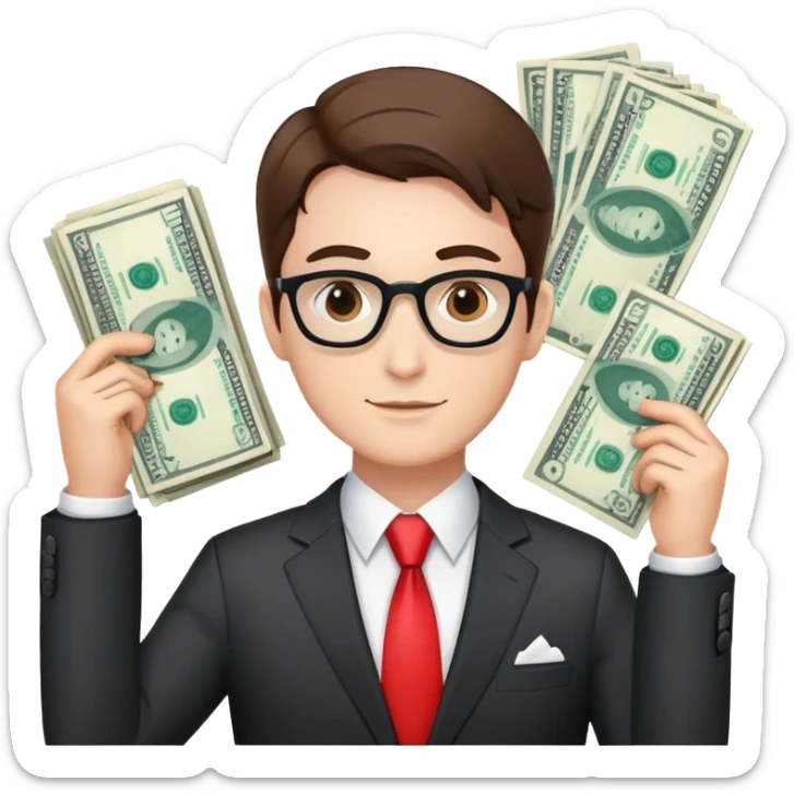 Swiss financial expert with business suit, Swiss flag pin, charts and money sticker