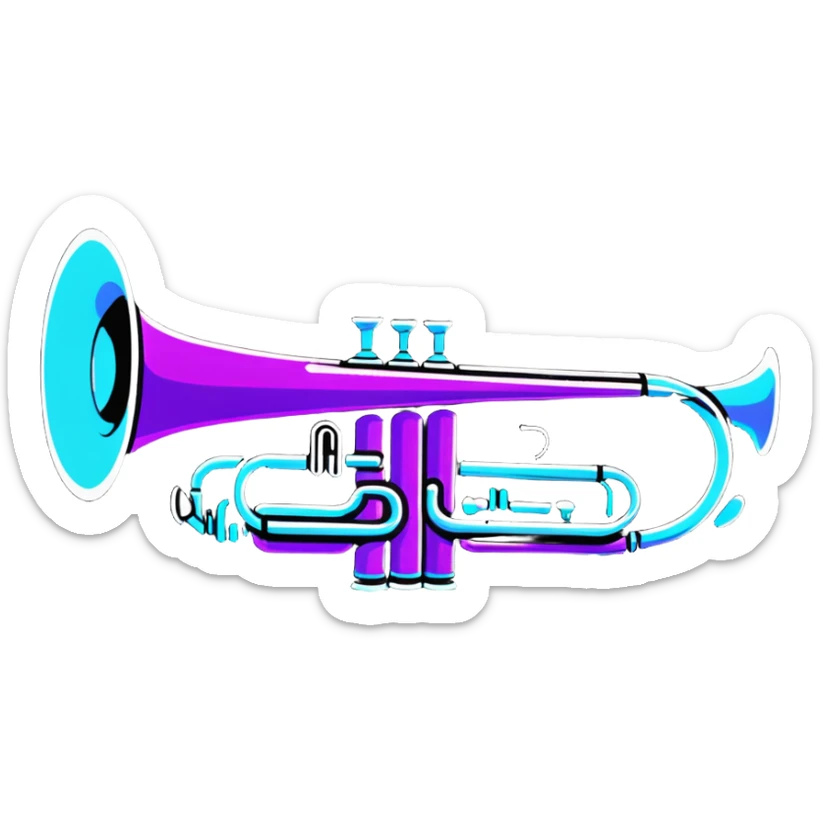 trumpet horn with neon glow effect, blue neon glow on top left, purple neon glow on bottom right sticker