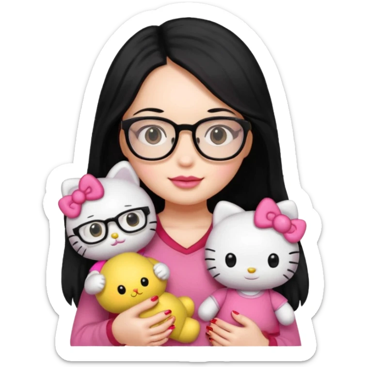 Nails cute with hello kitty wear glasses black long  hair, wear yellow shirt , red nails , big hello kitty doll sticker