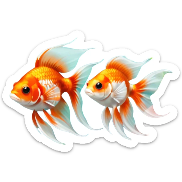 Large aquarium fish like veil tails and lionhead goldfish swimming gracefully in a beautifully decorated aquarium. Colorful aquatic plants, smooth rocks, and gentle bubbles surround the fish. The water shimmers in sunlight, creating a peaceful and vibrant underwater scene. Transparent background. sticker