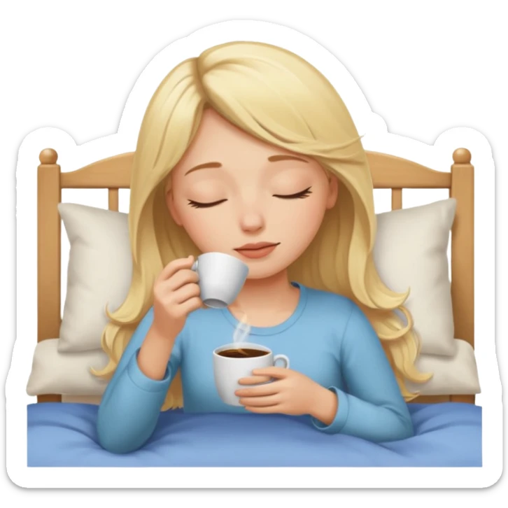 Blonde white skined girl who closes her eyes and smells coffee while drinking coffee in her bed sticker