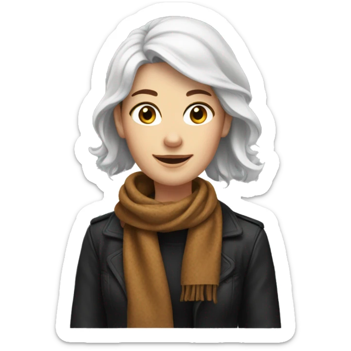 A woman white with freckles and brown hair, with a scarf and a black jacket, round face and with a smile sticker