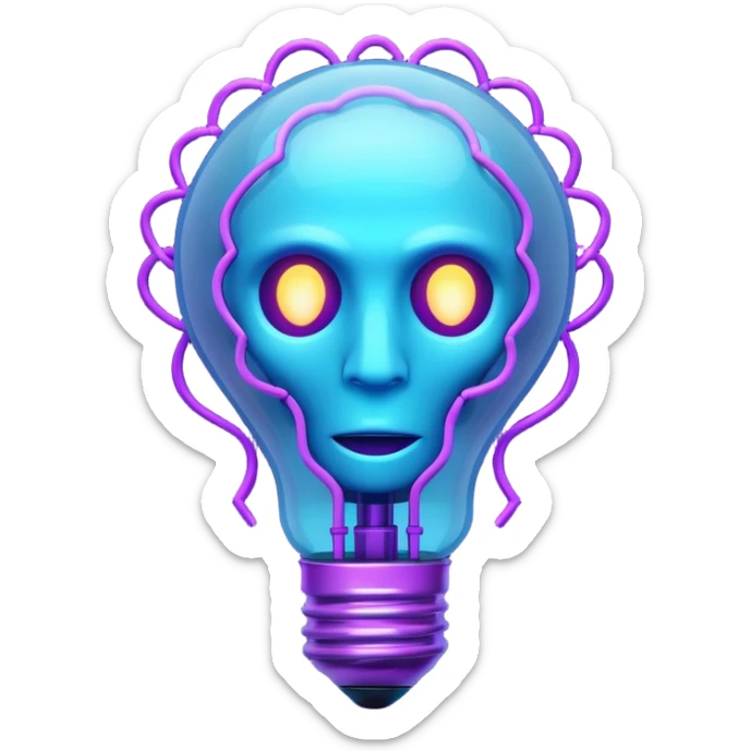 A stylized 3D emoji icon of a futuristic lightbulb. The filament inside is a glowing digital brain structure. The colors are a gradient of electric blue and purple neon light, with glowing edges. Minimalist, digital art aesthetic, sticker