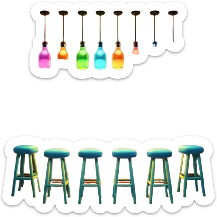 A 3D cartoon bar interior with a counter, glowing shelves of colorful bottles, tall stools, and hanging lights, warm ambient lighting, realistic reflections, Memoji-style. sticker