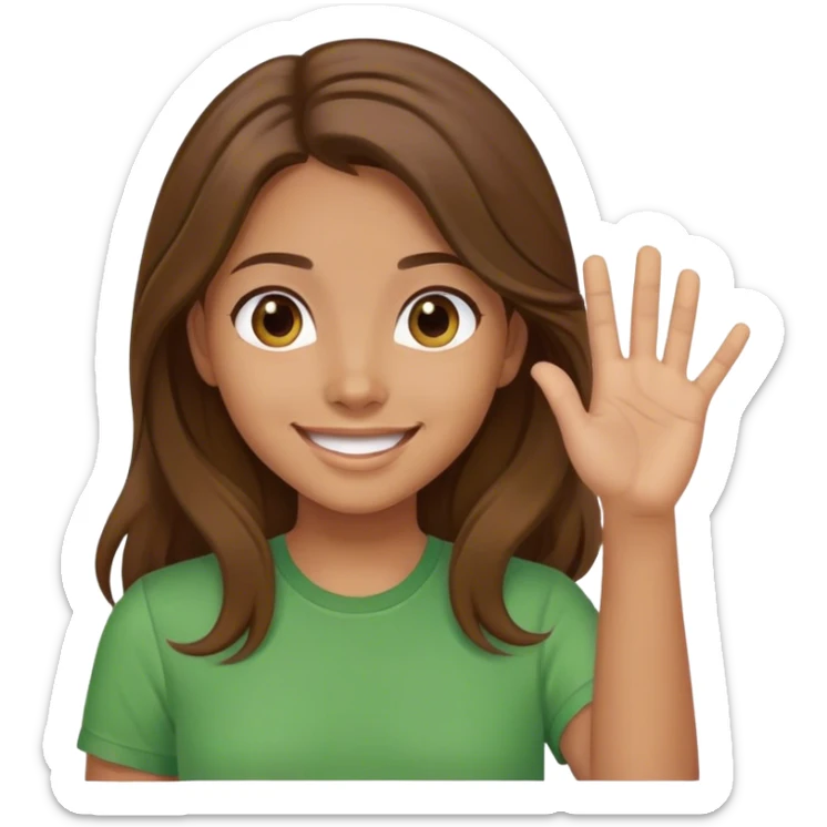 smiling girl with long brown hair, middle hair part, waving, green shirt sticker