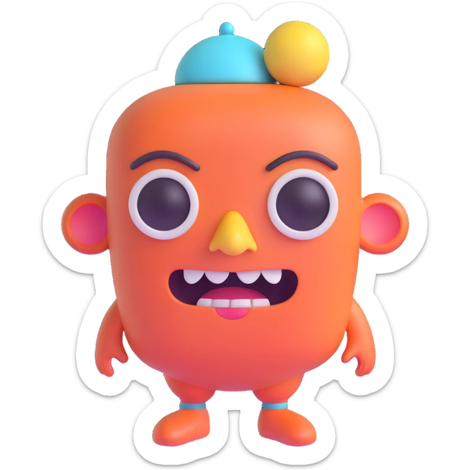 Discord role icon for a psychiatric clinic, 3D style, color #6fe8f3, patient character with oversized head, tiny body, strange accessories like rubber chicken or spinning hat, goofy surreal face sticker