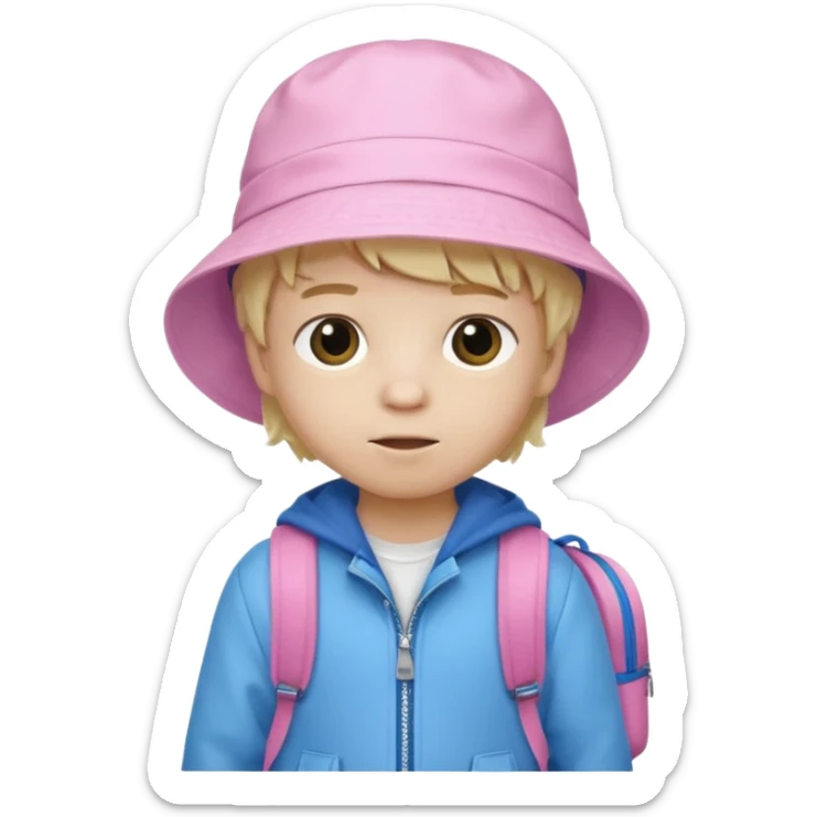 A little boy student white skin, blonde hair, with pink bucket hat, white jacket, blue backpack sticker