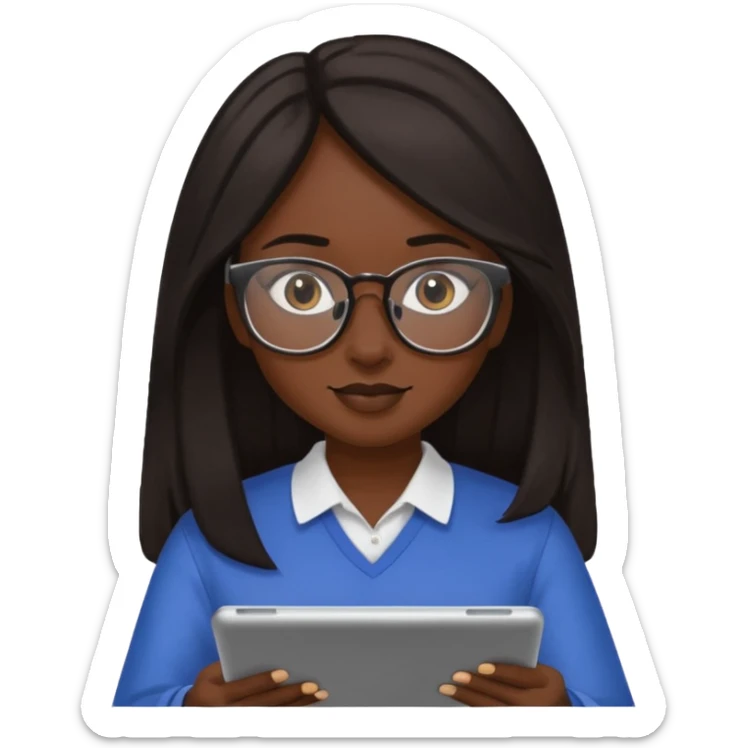 Yo, una chica de piel morena de pelo largo oscuro con lentes para ver, con la tablet trabajando  sticker