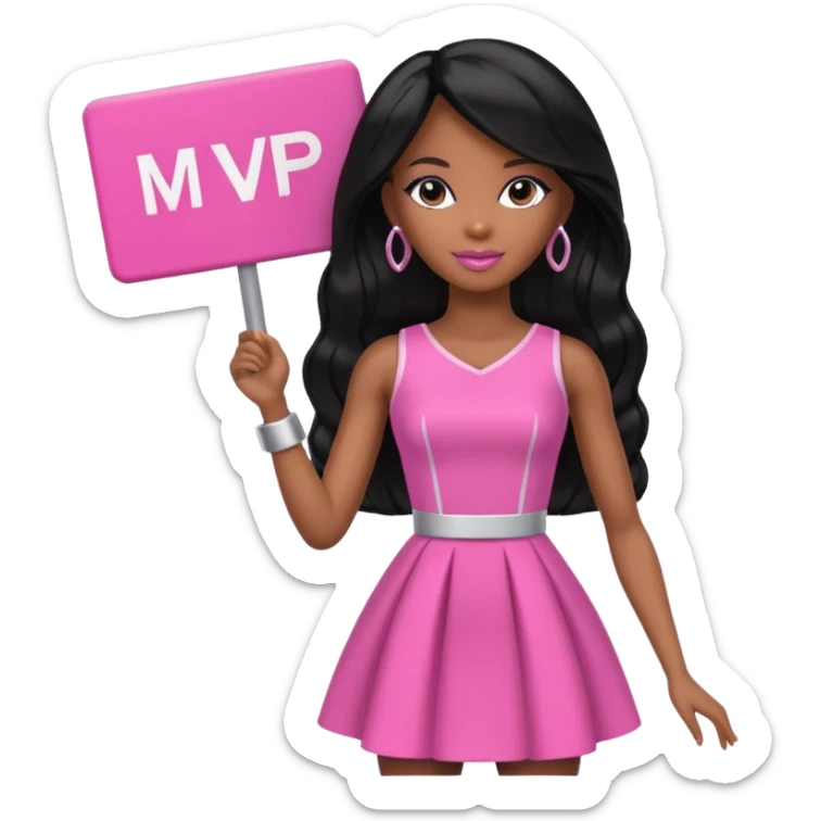 Black barbie, long black  hair, pink dress holding mvp sign  sticker