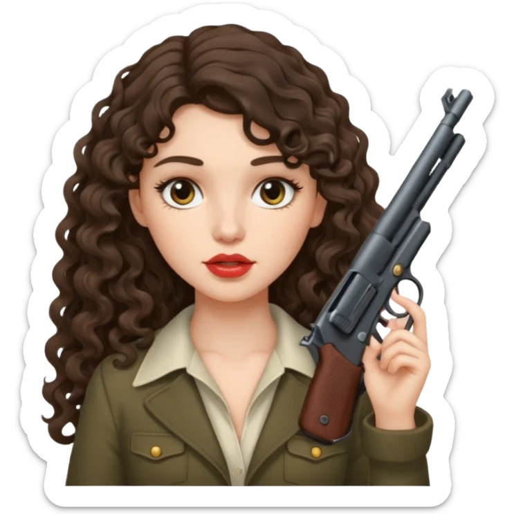 A brunette with long wavy, curly hair girl who is about to kill herself with a littlr gun pointed at her temple sticker