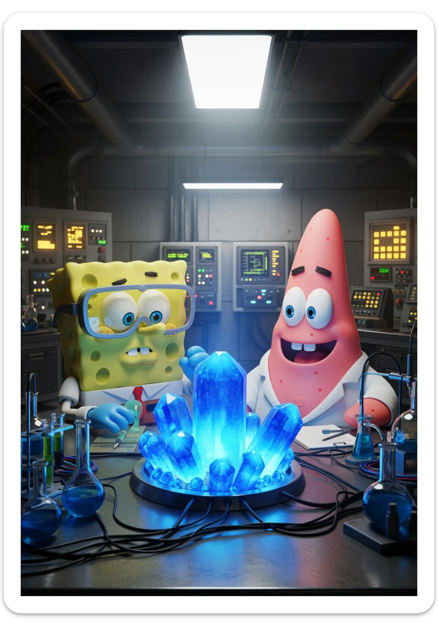 3D cienmatic cartoon shot, spongebob and patric dress in safety glasses and safe white outfit, the are standing front of table with blue crystals on table glowing (light source) science room in basement, back light, Cinema 4d render, proffesional lightning sticker