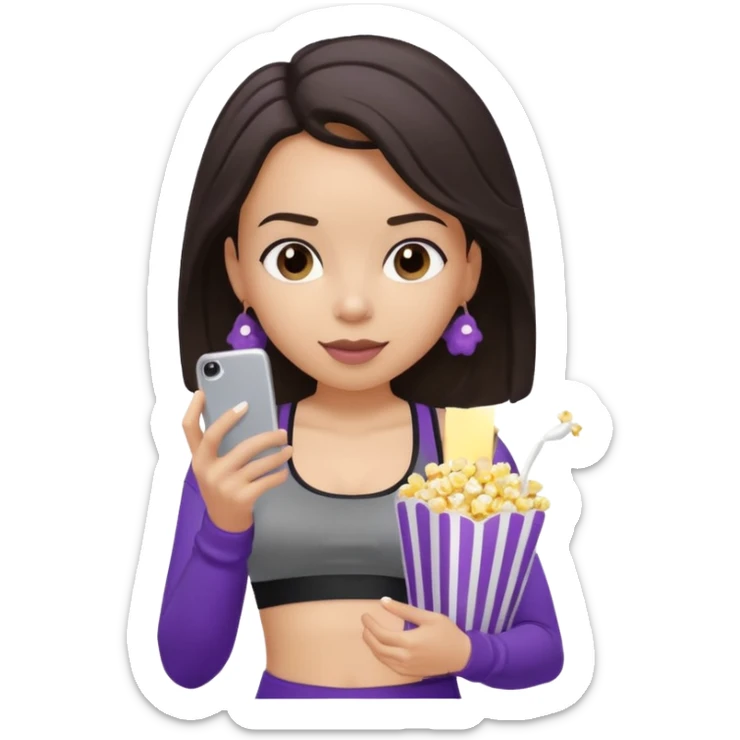 Brunette light skin Girl with black sports bra and grey sweats on her phone and eating popcorn from a purple popcorn bag sticker