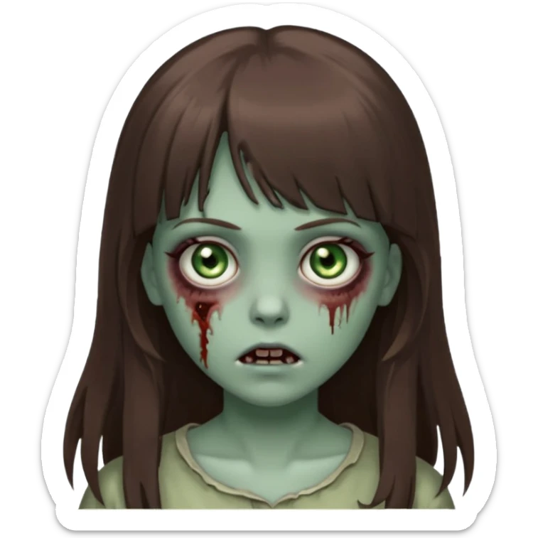 zombie girl with gray-green eyes and long brown hair with bangs sticker