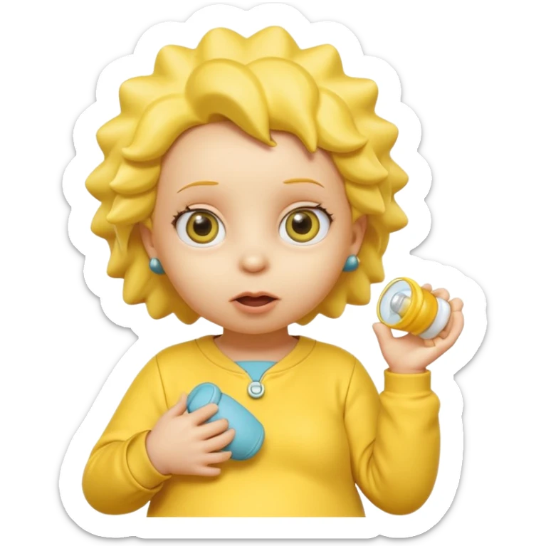 A 3D cartoon baby character yellow, yellow skin, styled like Maggie Simpson, with pacifier, yellow onesie, big eyes, smooth shading, Memoji-style rendering, consistent with other yellow Simpsons characters. sticker