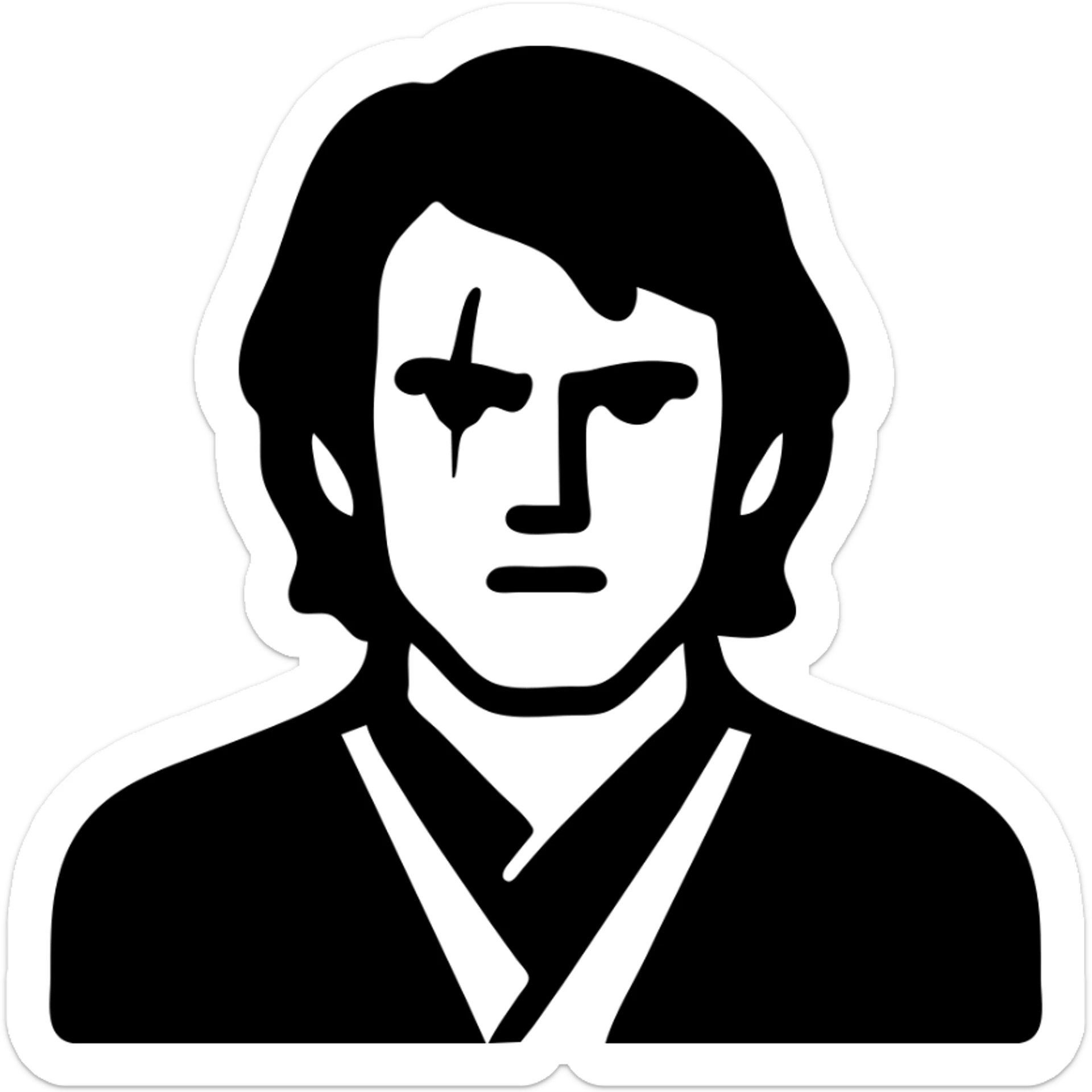 Anakin Skywalker from Revenge of the Sith as a simple, bold icon, focusing on his distinctive hair, scar, and Jedi robes, minimalistic and easily recognizable sticker