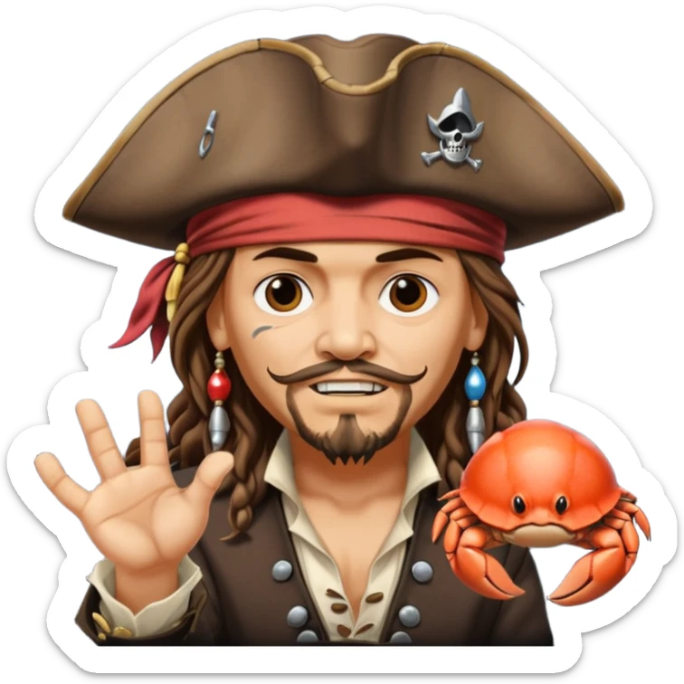 jack sparrow from the film pirates of the caribbean, shooo-ing the stone-crab.
- jack is sideways, mimicing to the left
 sticker