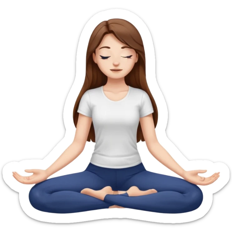 Brown long haired white girl with closed eyes in dark blue leggings and a white t-shirt sits on the splits sticker