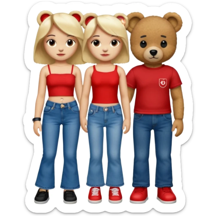 A boy and a girl teddy bear for the boy bear put on true religion shirt and jeans with black shoes and for the girl put flare jeans and a red tube top and white shoes just bears not the humans  sticker