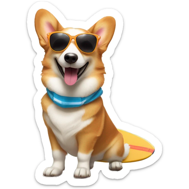 Playful Welsh corgi with a big smile, wearing cool sunglasses and holding a mini surfboard, giving off a summer beach vibe sticker