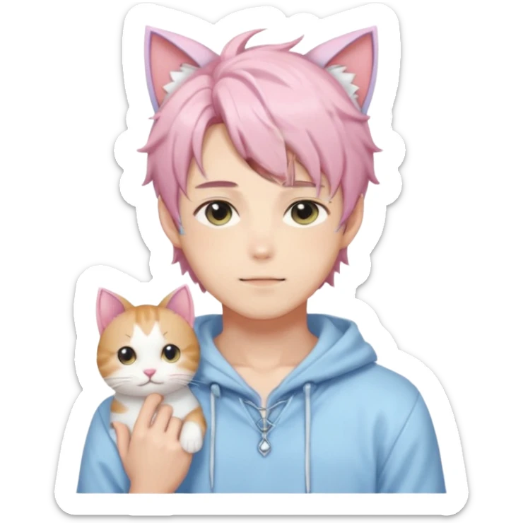 Shiny Blushing Cute Kawaii Handsome Shota Anime Man with Cat Ears Trending Style Cottagecore Pastelcore  sticker