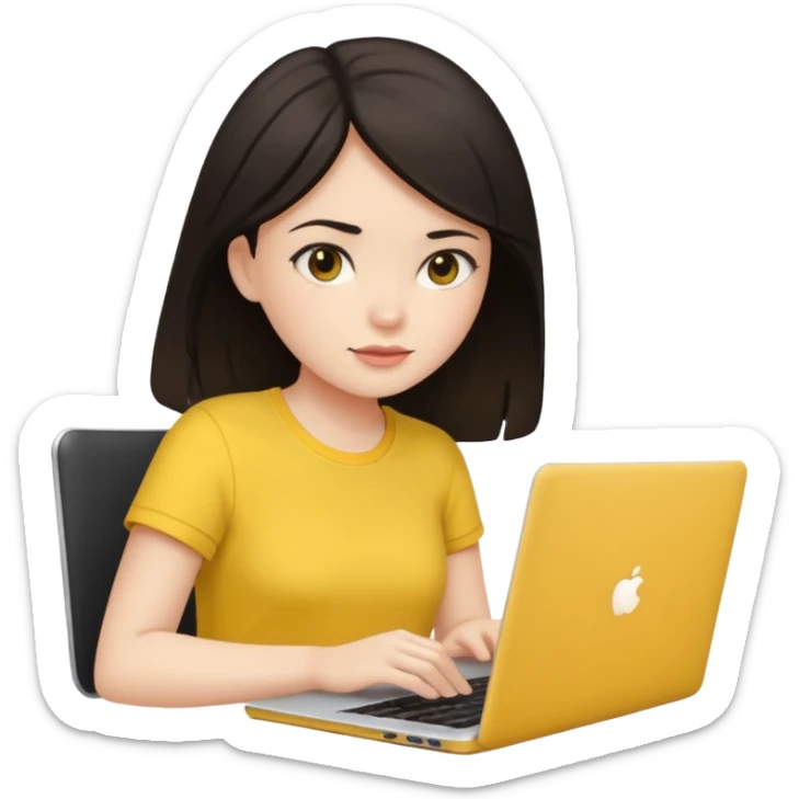 girl on a laptop, dark hair white skin and yellow shirt sticker