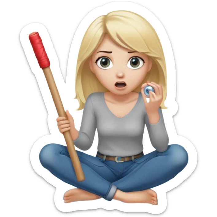 blond woman sitting on her knees with wide eyes, a human in jeans stands next to her, she's holding a wide skin-colored stick with a D-shaped knob, the stick and the nob have skin texture, water squirting from the knob into her mouth, shocked face sticker
