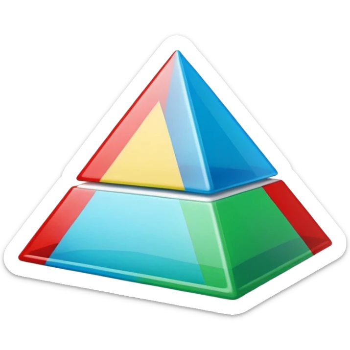 “Cute 3D cartoon emoji sticker of a pyramid made from glossy plastic glasses (blue, green, red). Soft lighting, smooth shadows, playful look, glossy plastic texture, white sticker outline, transparent background, high resolution.” sticker