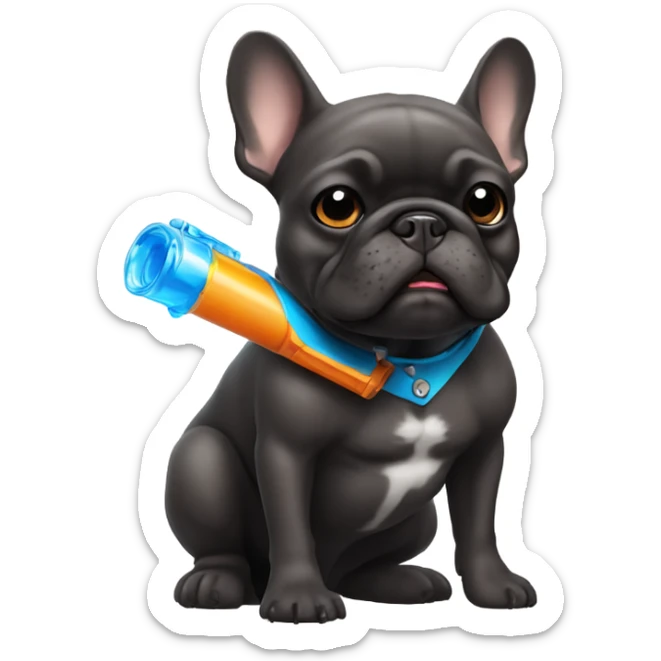 dark brawn french bulldog holding  a water pistol sticker