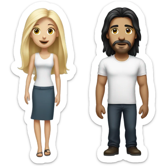 man with long black hair and no beard  with shorter long blonde hair woman sticker