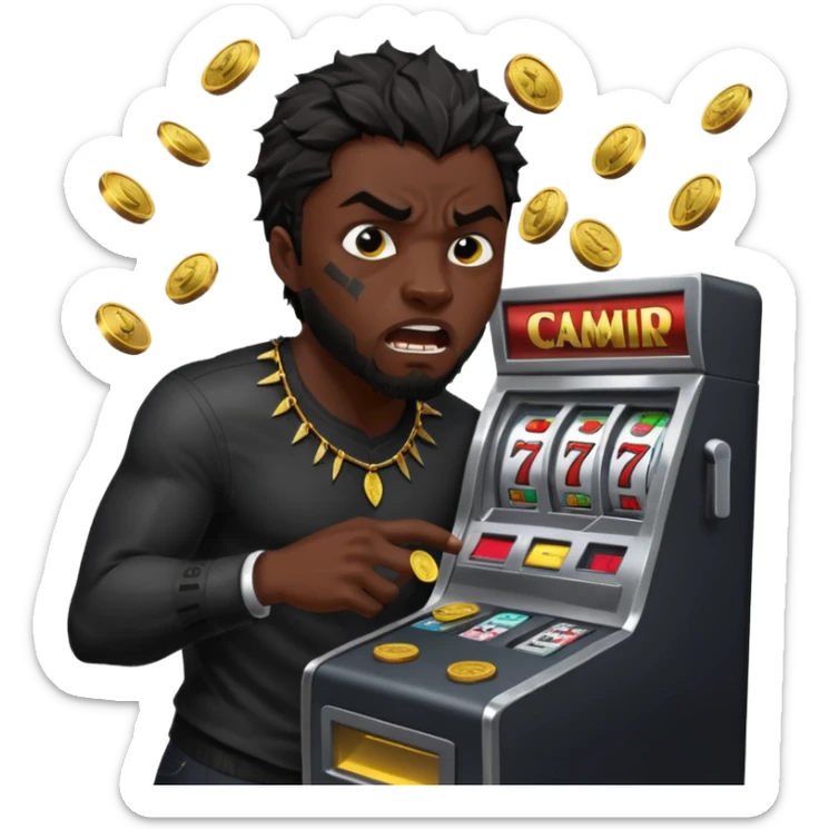 disheveled Black Panther losing money at a slot machine, panicked face, coins flying sticker