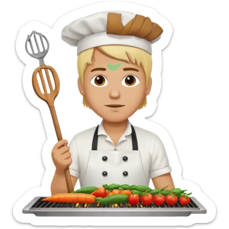 man with tied blond hair and and a white apron grilling vegetables on a sizzling grill sticker