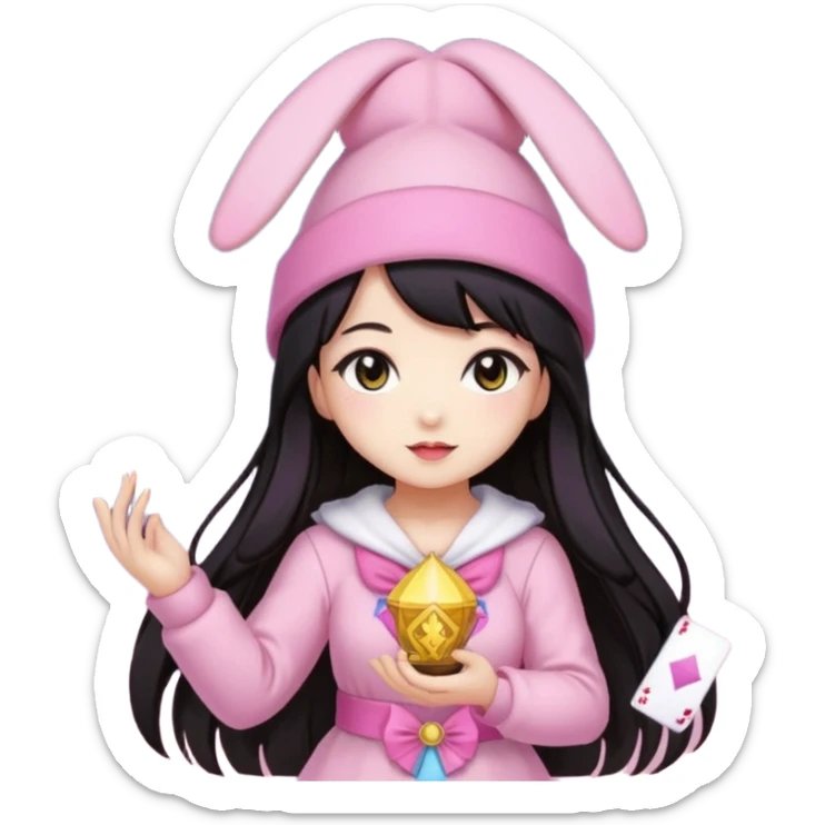 pixel art chibi asian girl with dark long hair in pink bunny hat magical girl with kawaii tarot cards thrown in air pixel emoji sticker