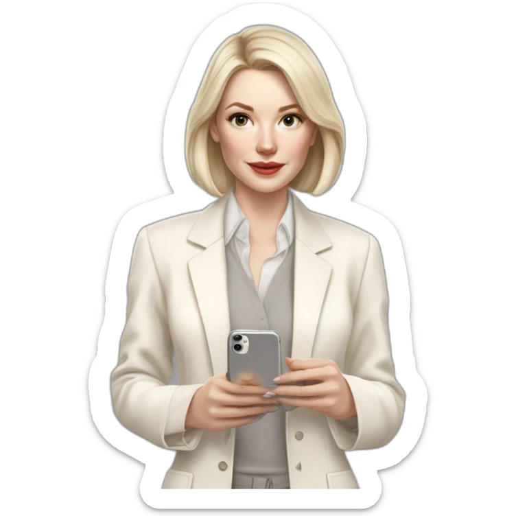 pale skin woman with ash blonde Straightened bob Hair, White Spacious classical jacket, beige palazzo Arrow pants and gray blouse holding white IPhone 15 pro in the hands sticker