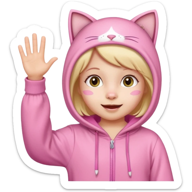 little Girl kid in pink cat onesie waving happily sticker