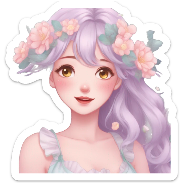 Gorgeous pastel anime style lady with blushing face and flowers cottagecore fairycore pastelcore colorful pearly romantic simplistic aesthetic trending style sticker