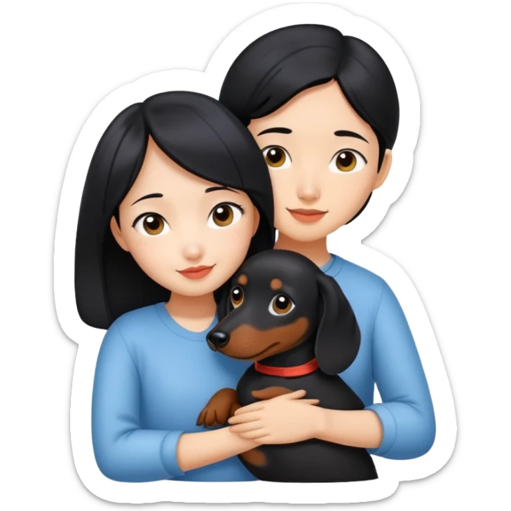 black hair asian girl hugging black dachshund sticker
