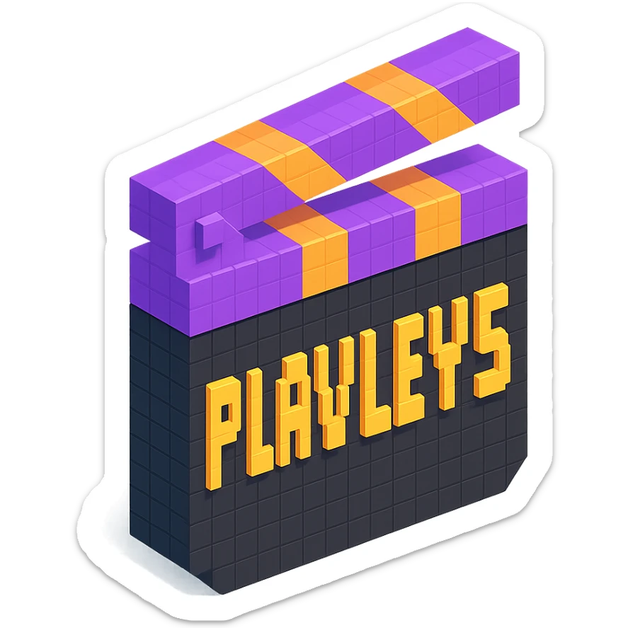 voxel style movie clapperboard with the text 'PLAVLEYS', purple lid, black body, isometric view sticker