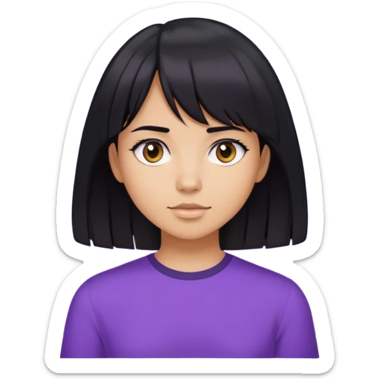 girl with slightly tanned skin, shoulder-length black hair, center parted bangs, wearing a purple shirt sticker