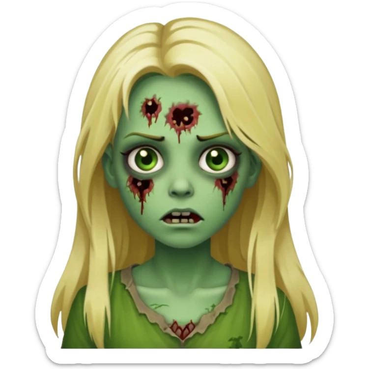 girl zombie with blonde long hair green skin and with no angry face sticker