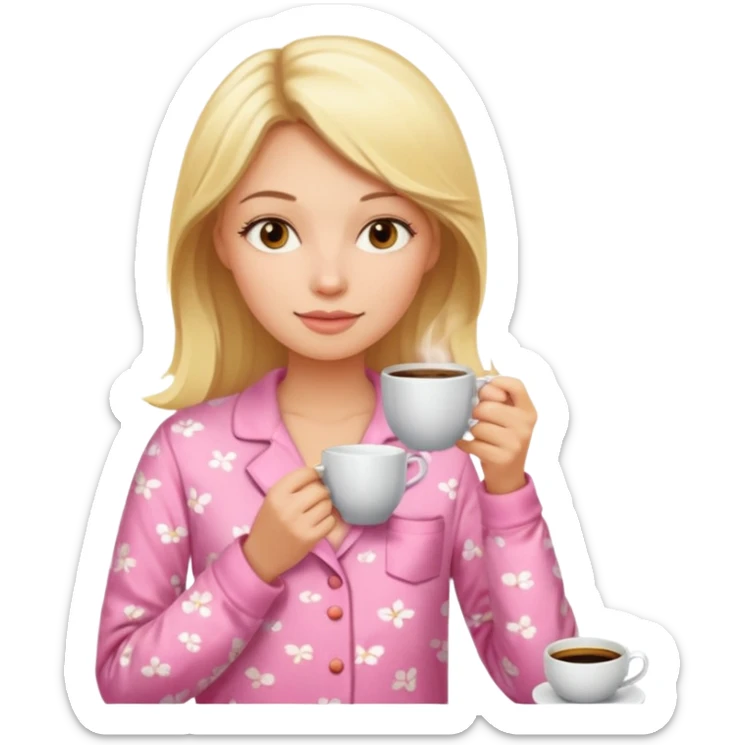 A blonde woman in pink pajamas wakes up to drink coffee. sticker