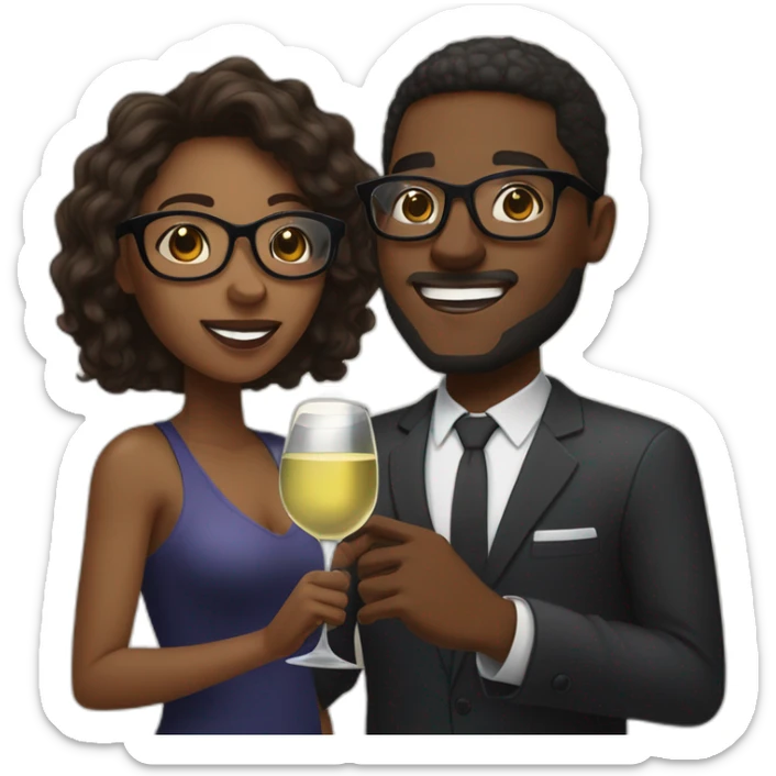 An African couple, a black woman with long dark blonde hair and brown eyes, and a black man with a medium fade haircut. The man wears glasses, toast to each other with a glass of white wine. sticker