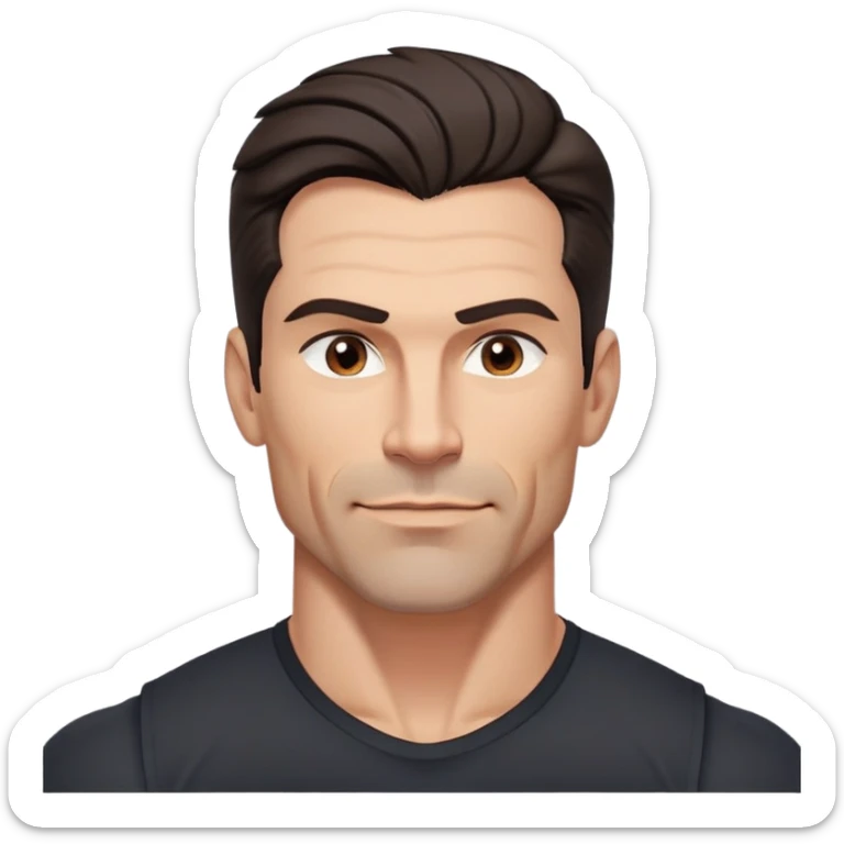 Muscular buff man in his 40s with youthful appearance, light brown skin, elongated face, defined jawline, attractive smirk, medium dark eyes, arched eyebrows, straight nose, strong broad shoulders, medium wavy dark hair with modern style, wearing a black buttoned-up shirt sticker