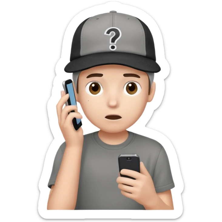 A boy with a gray shirt and a black and white cap on his head very confused holding a phone with question marks on top of his cap  sticker